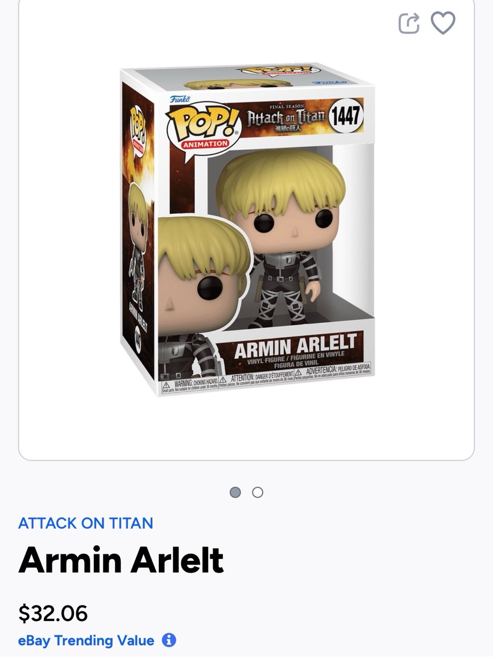 Funko Pop! Armin Arlert Vinyl Figure - Blonde, Black Outfit- 1447